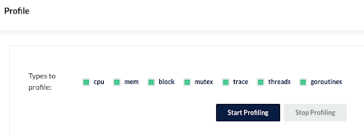 Profiling screen of SUBNET, showing cpu, mem, block, mutex, trace, threads, and goroutines profiles all checked.